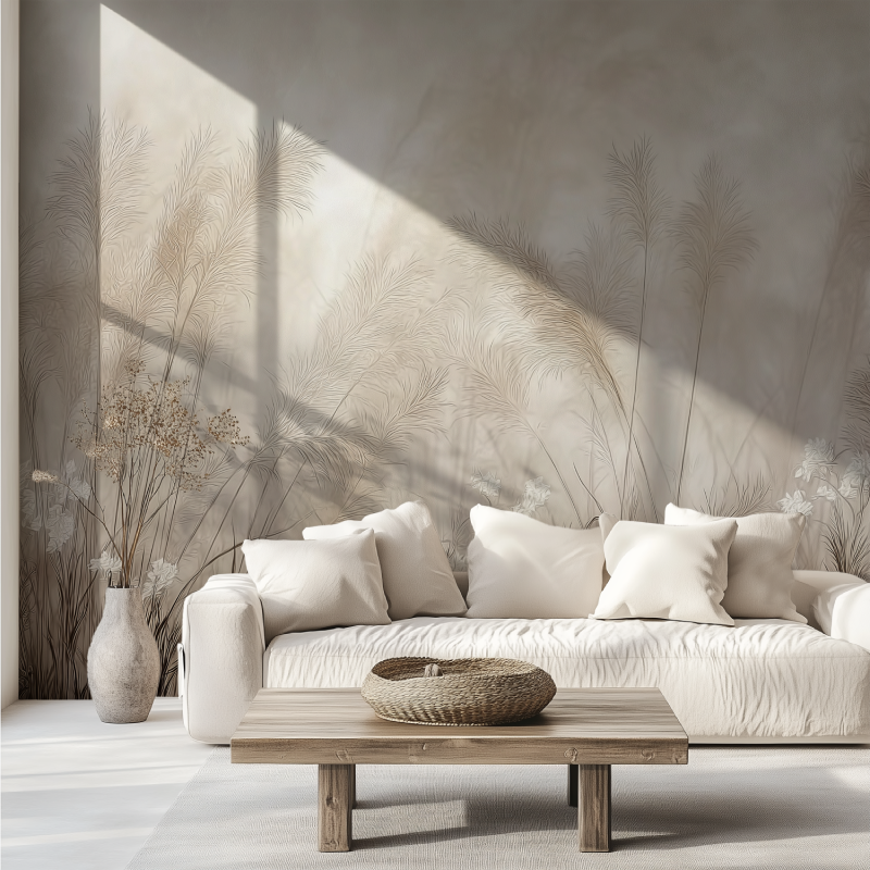 Beige light foliage mural wallpaper canape tendance