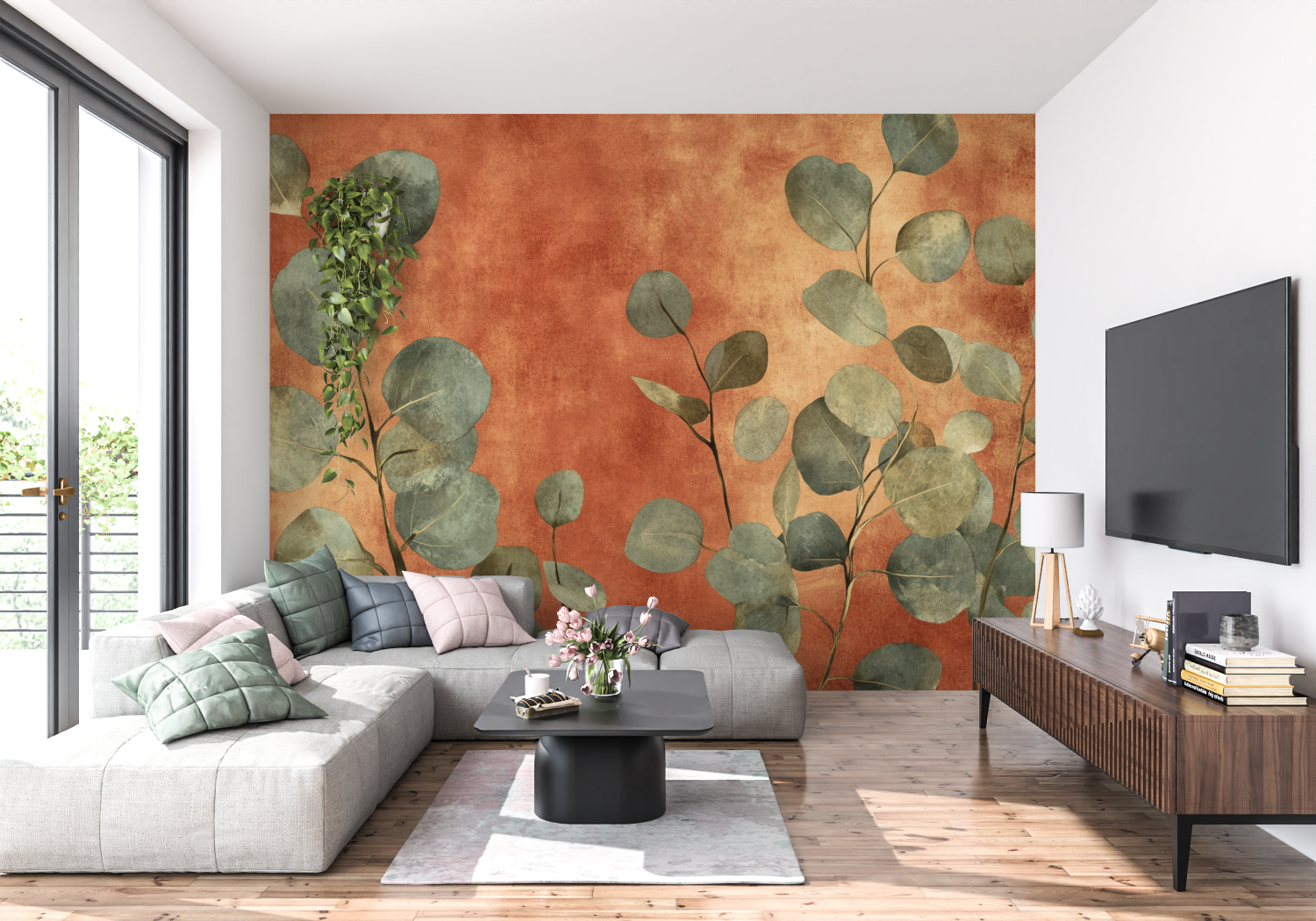 Papel de parede com padrão de terracota e eucalipto | Papel de parede Murals