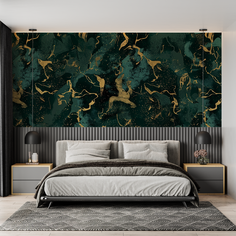 Papier Peint Vert Emeraude Et Or - Salon