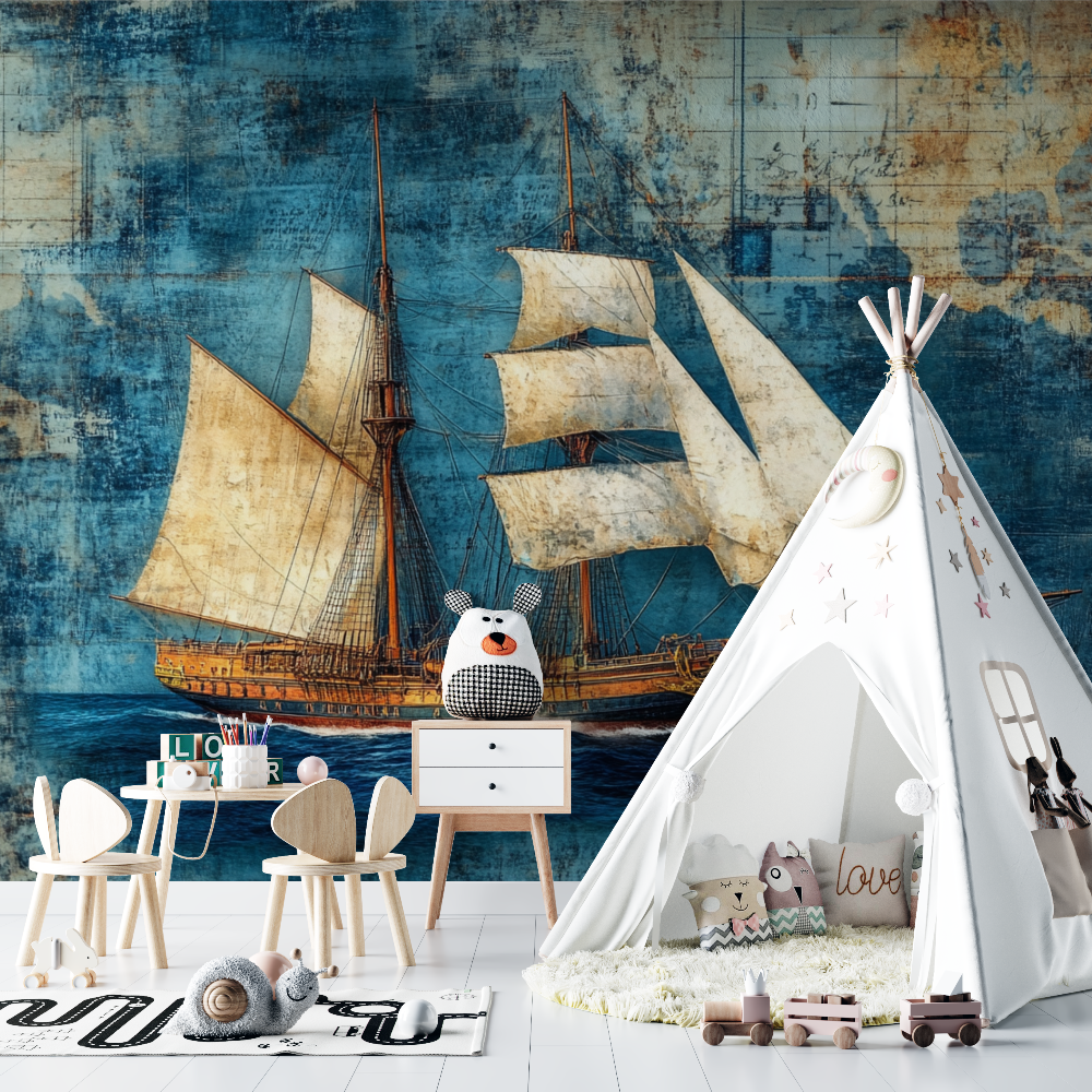 Retro-Tapete mit Segelbootmotiv | Wandtapete