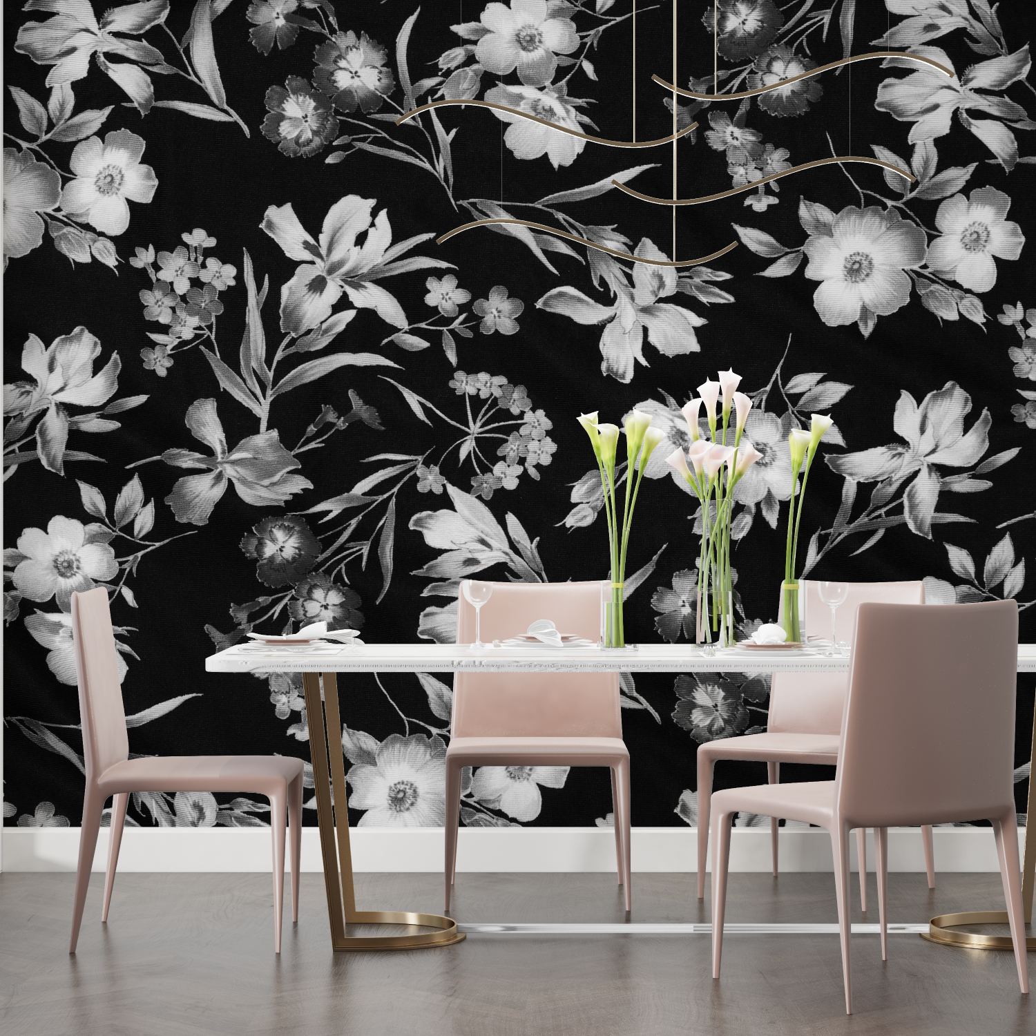 Schwarze Blumentapete | Wandtapete