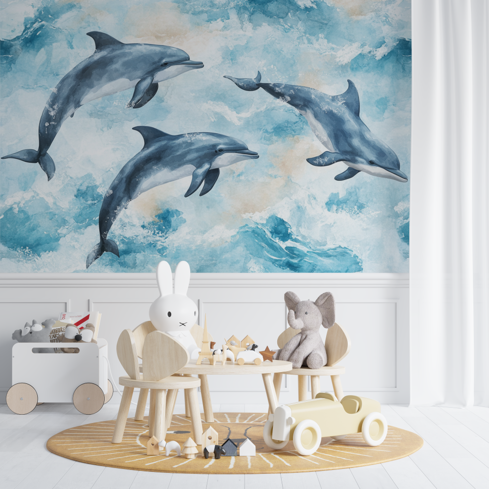 Happy Dolphin Watercolor Marine Wallpaper | Murals Wallpaper
