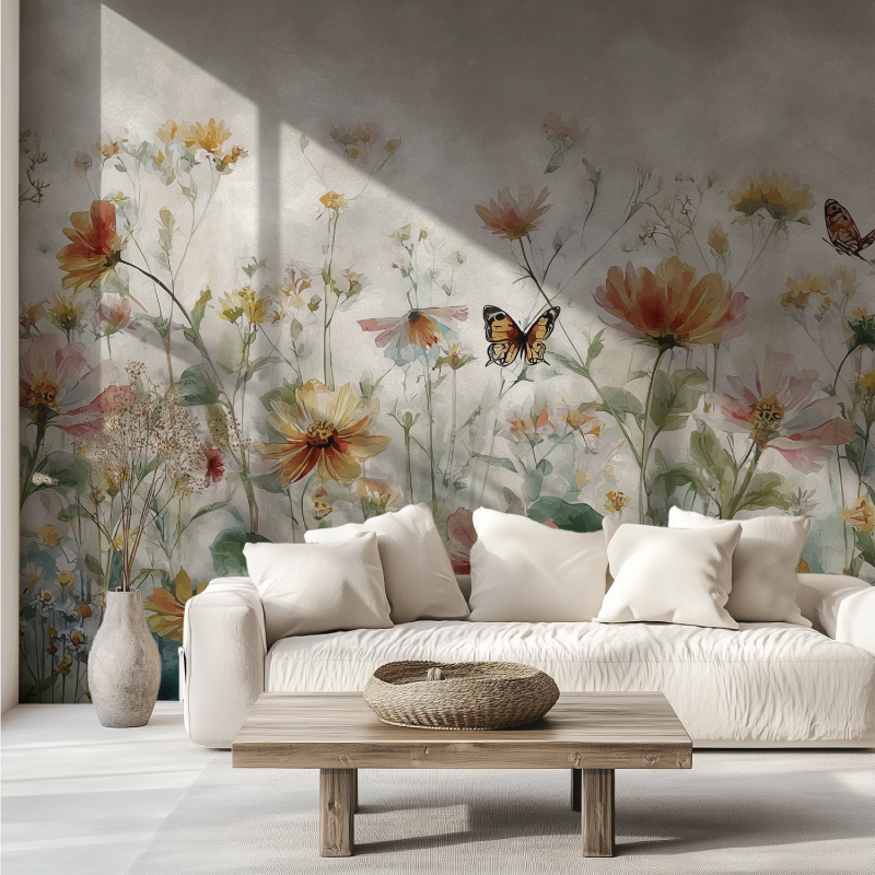 Flores mariposas acuarela ... papel pintado canape tendance