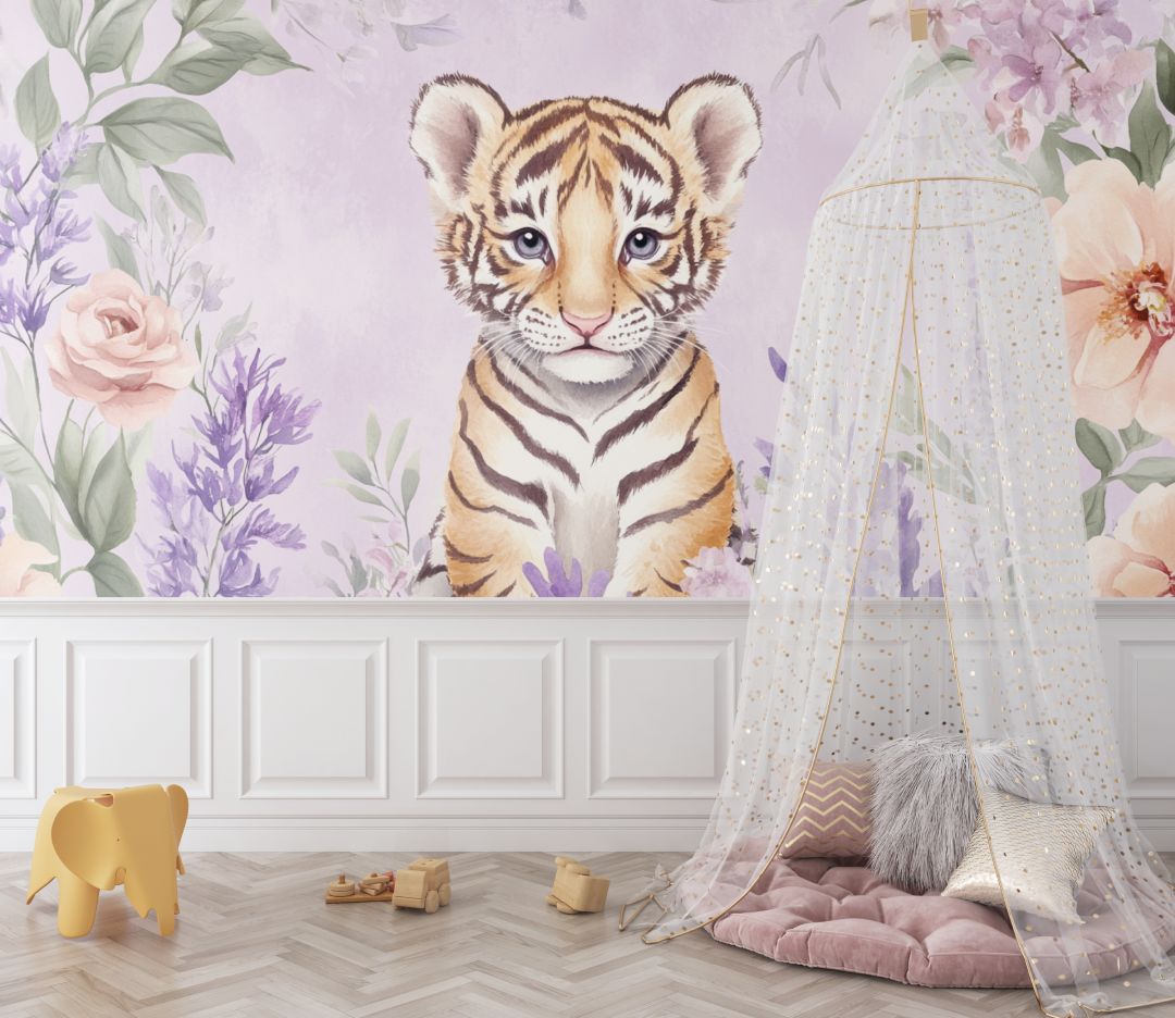 Tiger and Delicate Flowers Wallpaper | Murals Wallpaper