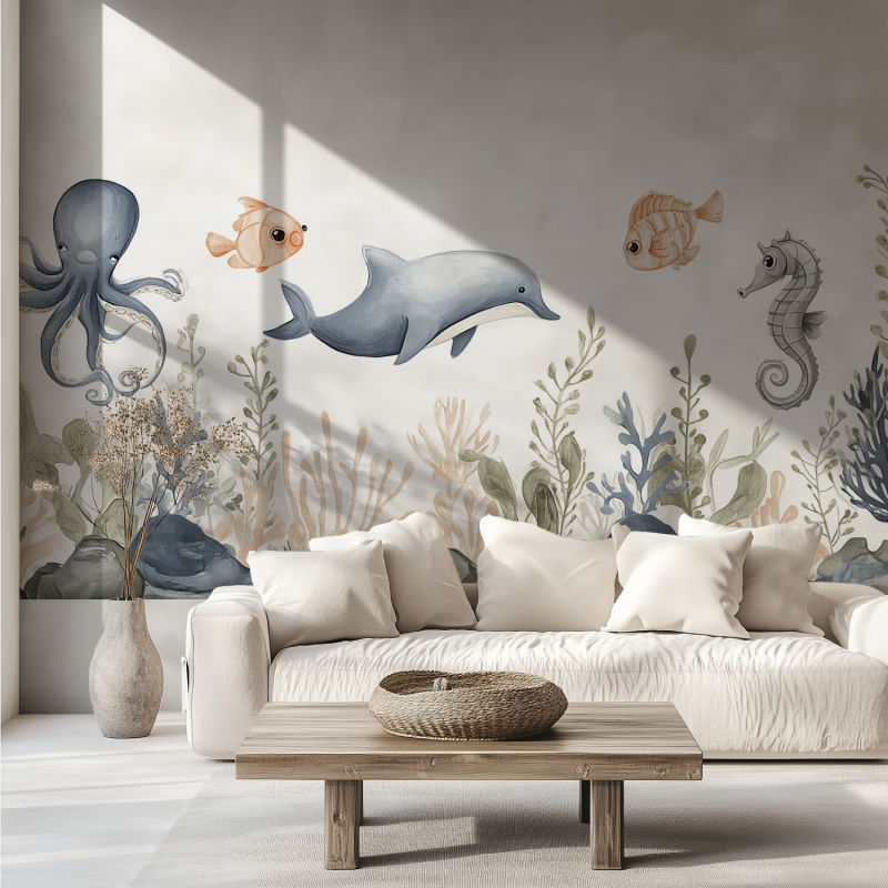 Aquarell-Meerestiere für Kinder ... Trendige Tapete für Sofas
