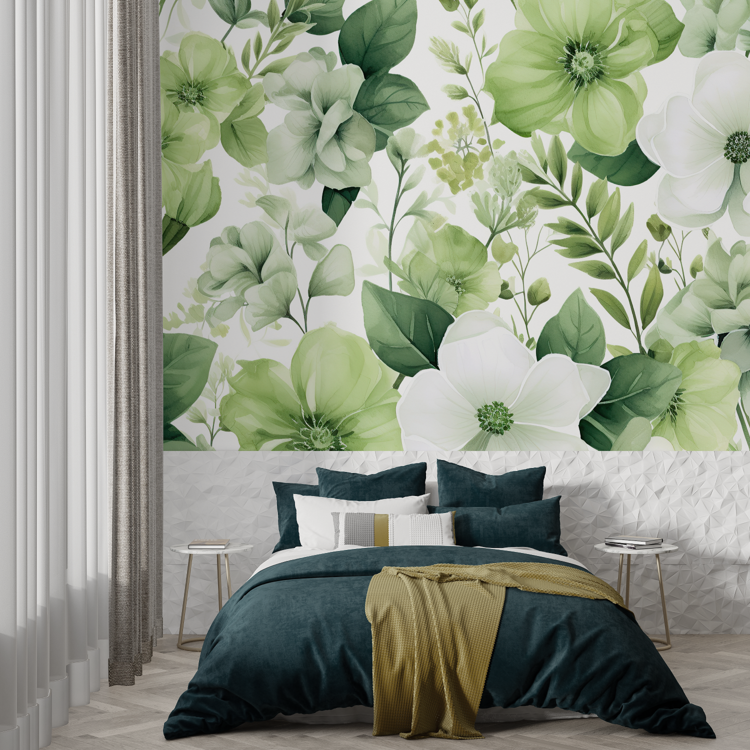 Papier Peint Fleurs Vertes - Trompe l'oeil