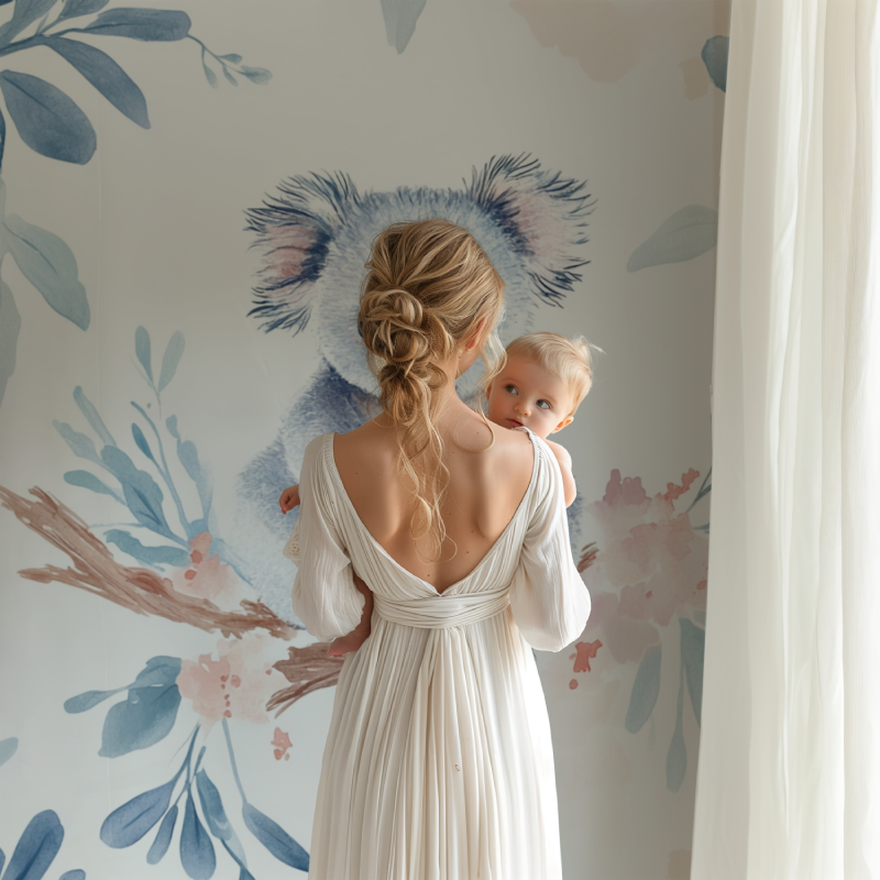 Tapete mit hellem Koala-Federnmuster | Wandtapete