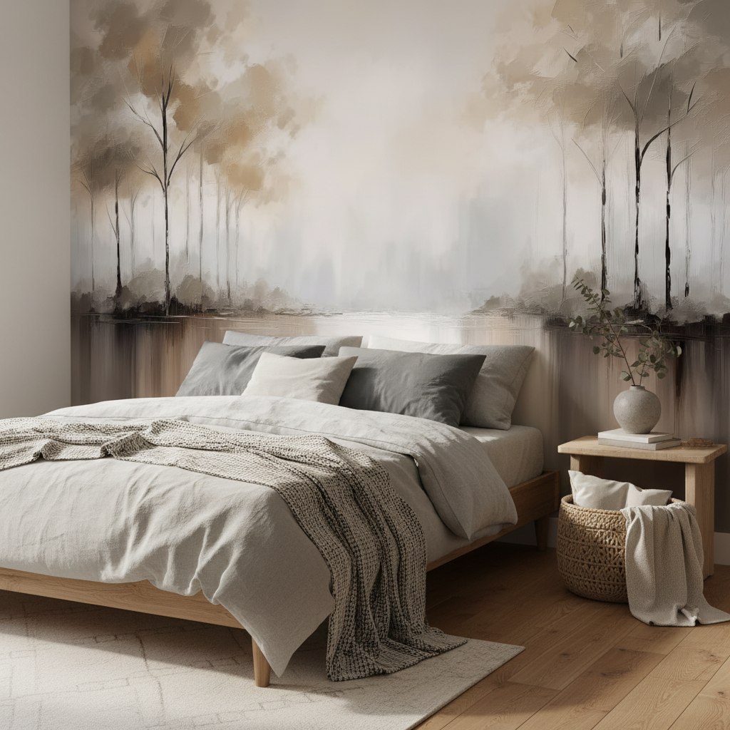 Soft Abstract Lake Trees Mural Wallpaper