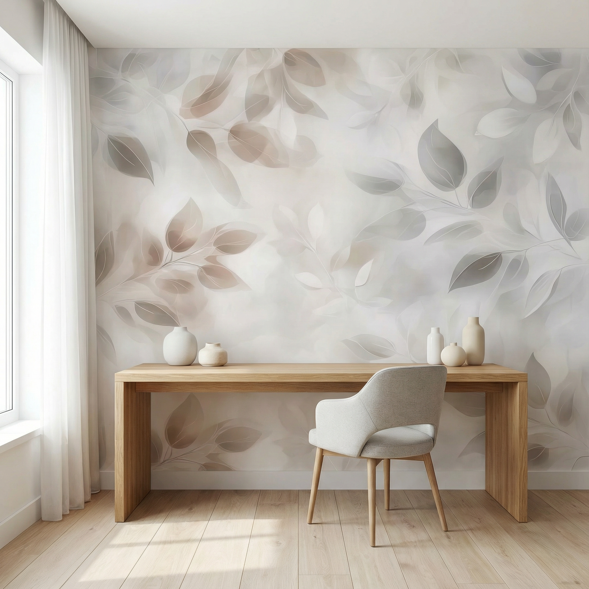 Neutral Serenity Leaves Mural Wallpaper