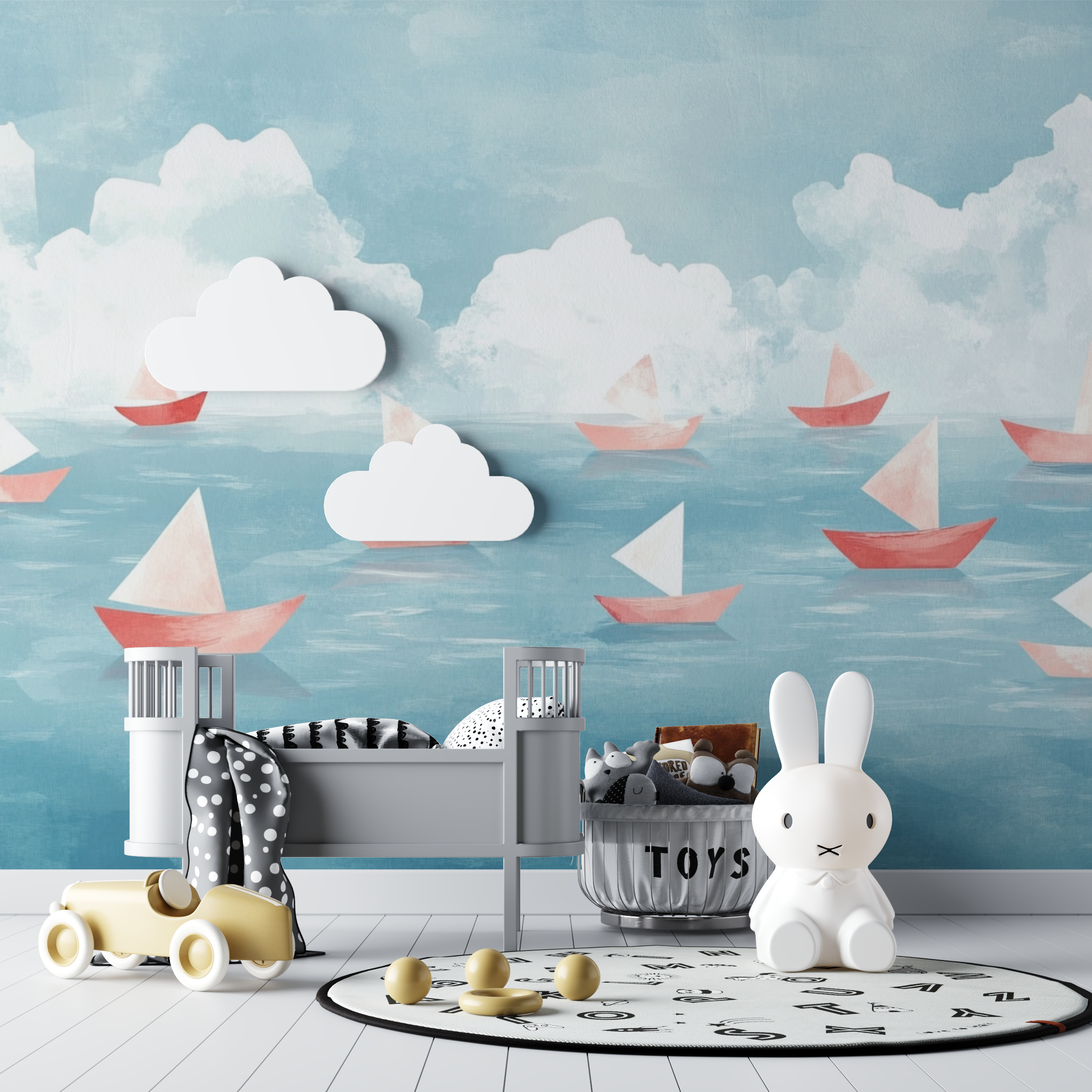 Marine Wallpaper with Soft Paper Boats and Ocean | Murals Wallpaper