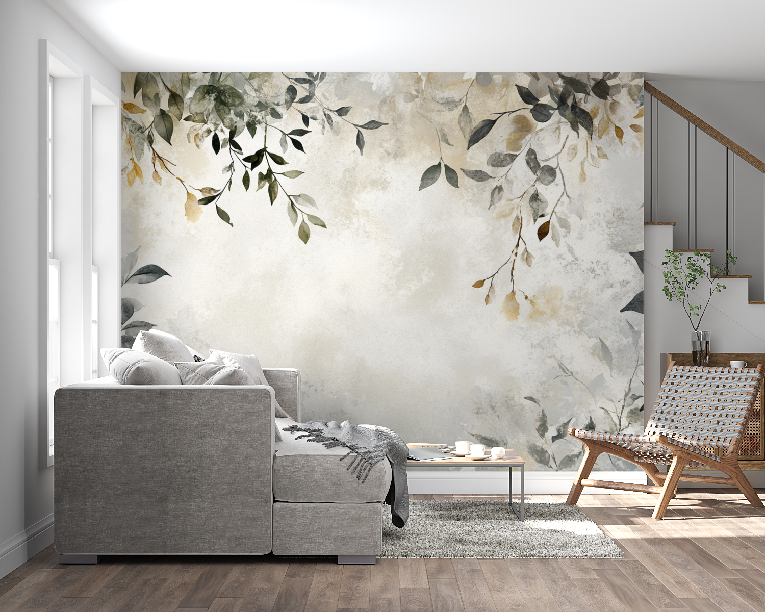 Wandbild aus Papier mit Aquarellfarben, feuilles bohemes panoramique