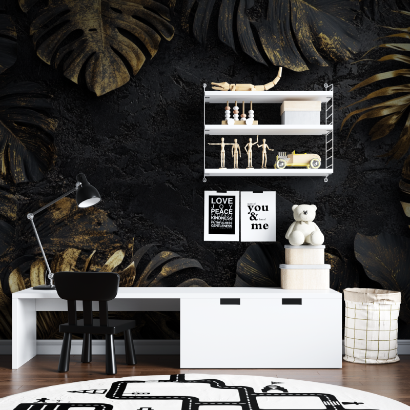 Black and Gold Leaf Mural Wallpaper for Teens | Murals Wallpaper