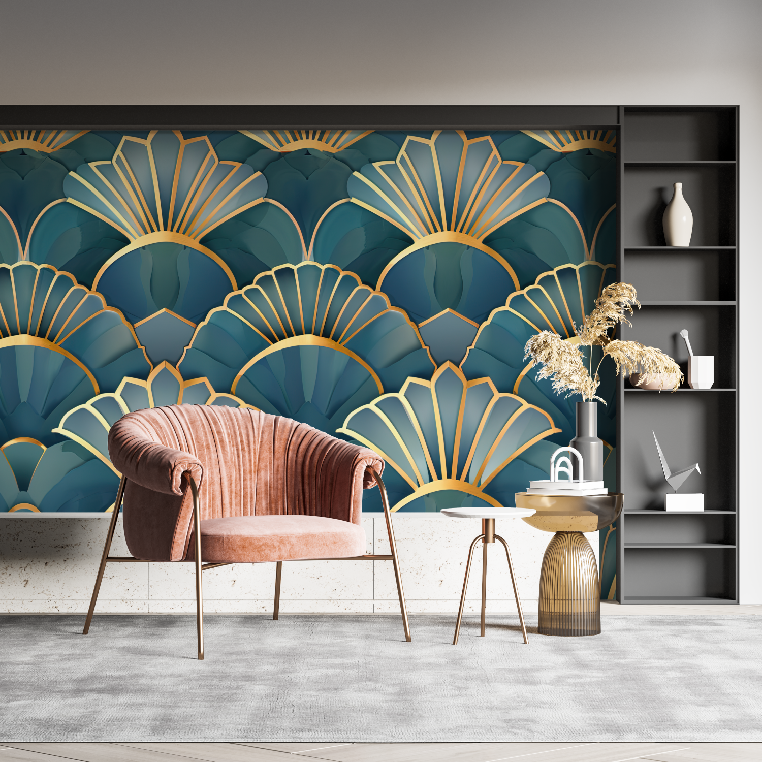 Art Deco Shells Blue Gold Wallpaper | Murals Wallpaper