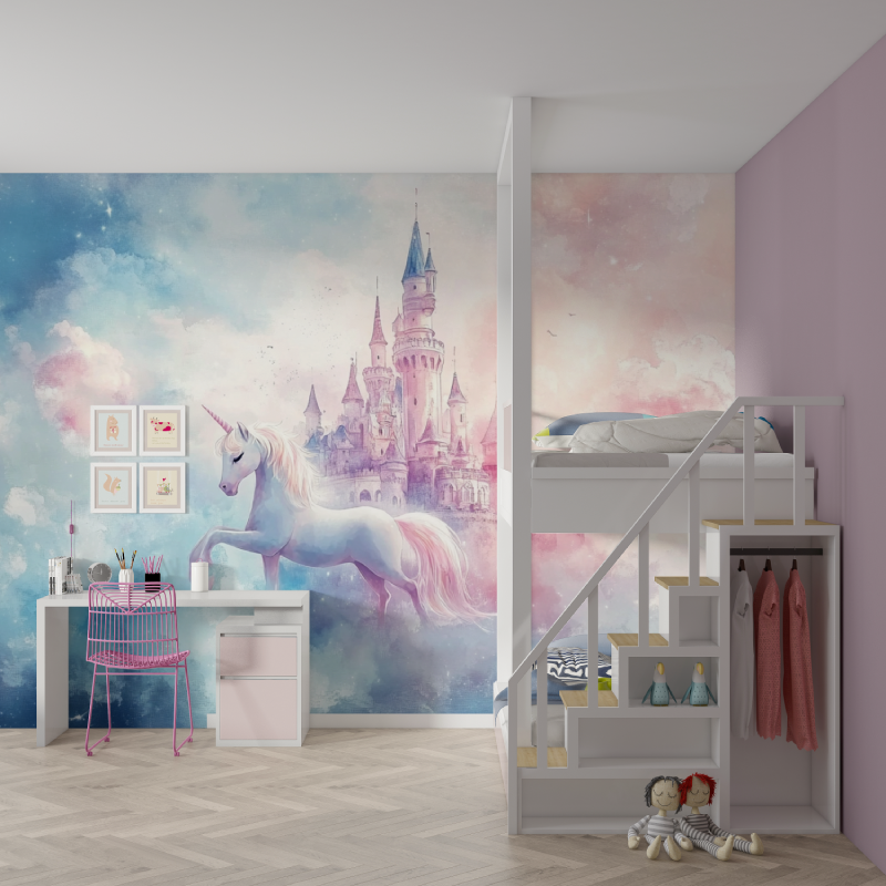 Unicorn Wallpaper for Room Decor with Clouds and Castle | Murals Wallpaper