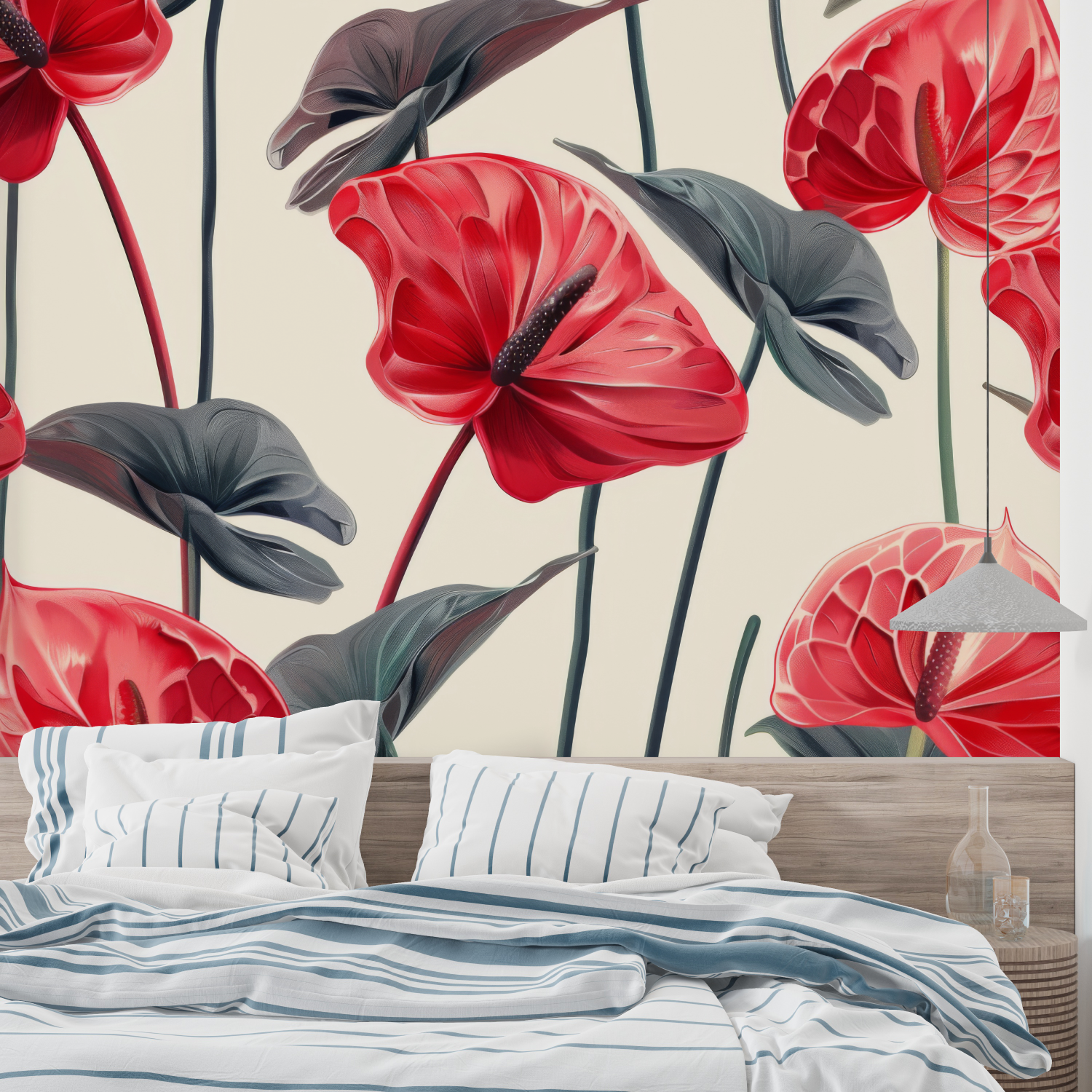 Gray Red Floral Wallpaper | Murals Wallpaper