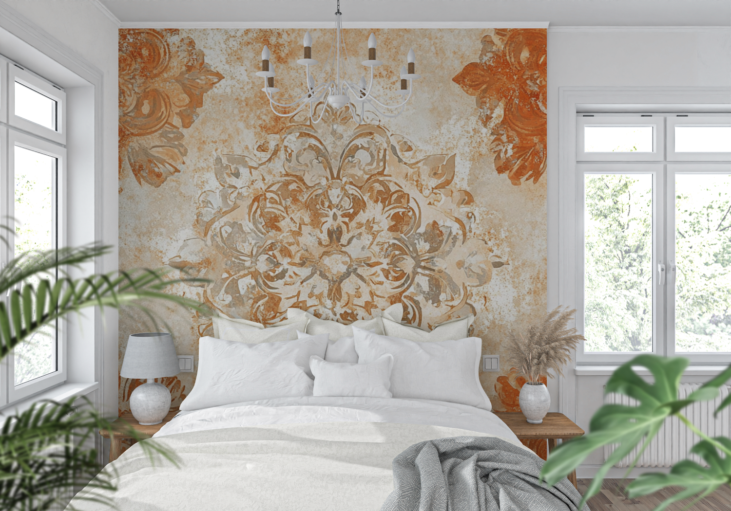 Terracotta Wallpaper with Golden Scrolls | Murals Wallpaper