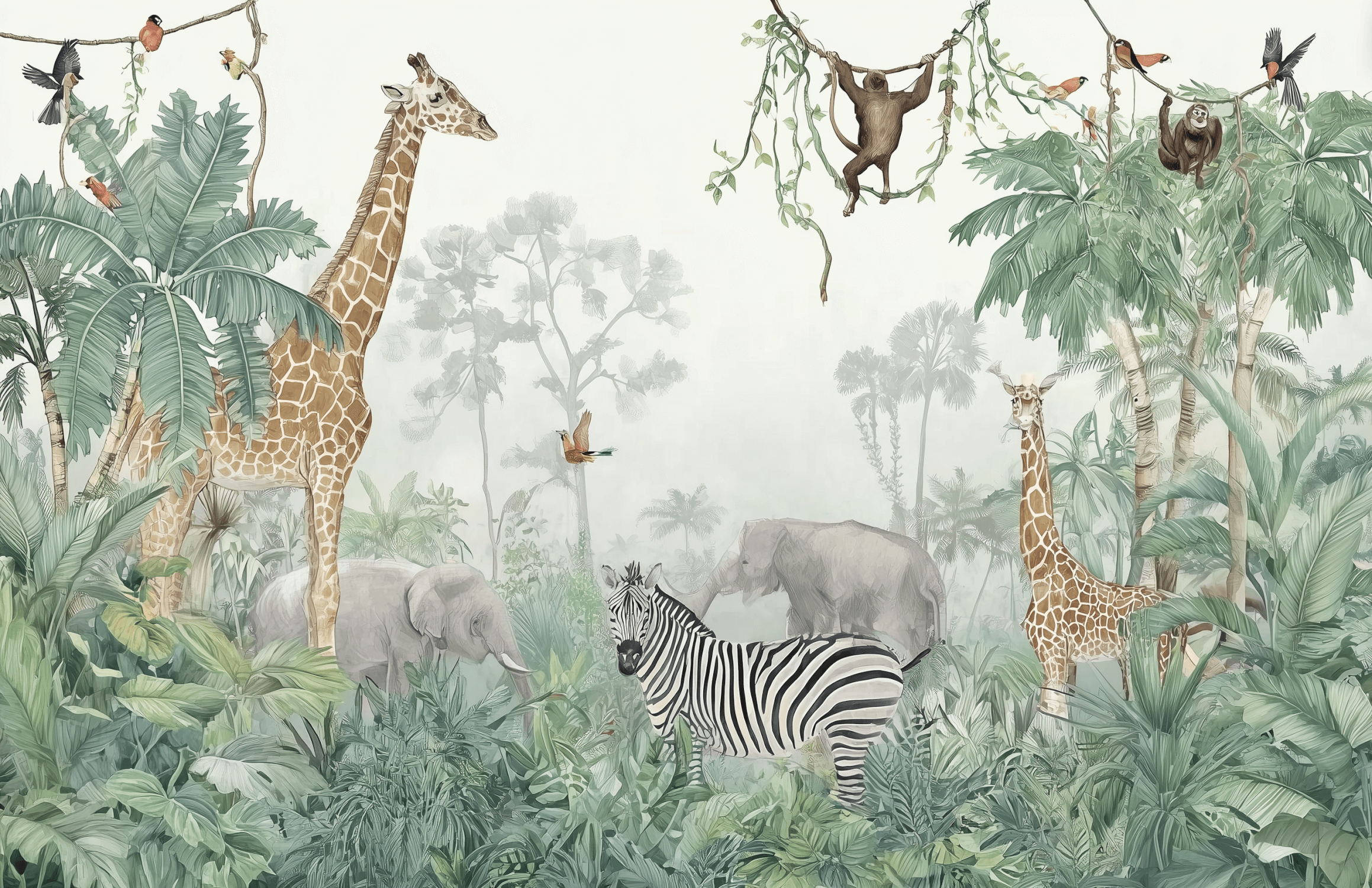 Aquarel Jungle Animals Mural Wallpaper