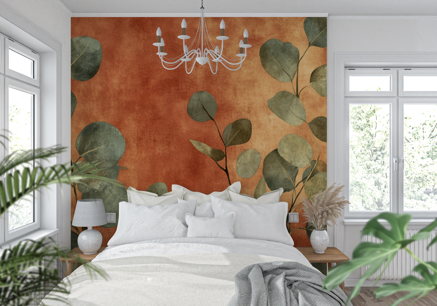 Papel de parede com padrão de terracota e eucalipto | Papel de parede Murals