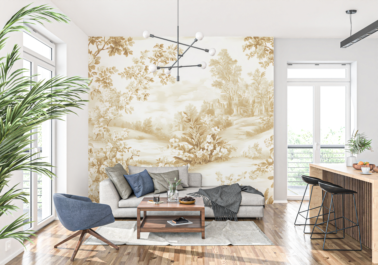 Beige Yellow Toile de Jouy Wallpaper | Murals Wallpaper