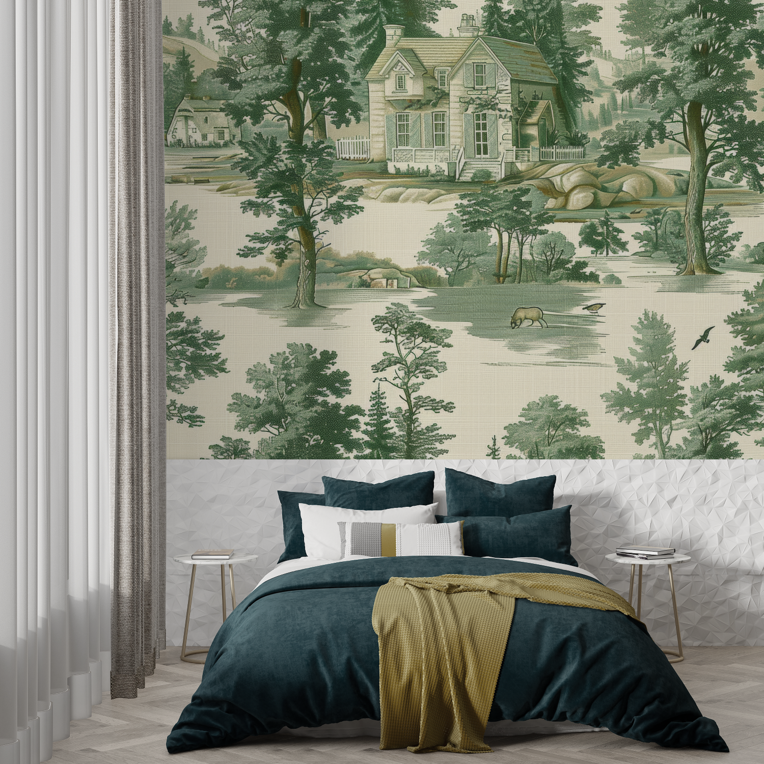 Toile de Jouy Landscape Green Wallpaper | Murals Wallpaper