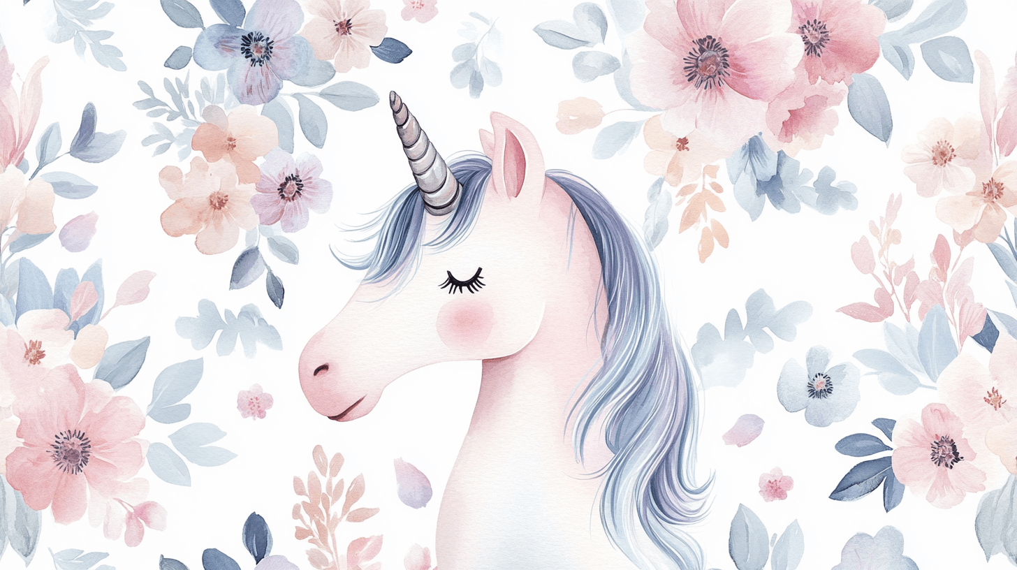 Unicorn Girl Wallpaper Floral Border | Murals Wallpaper