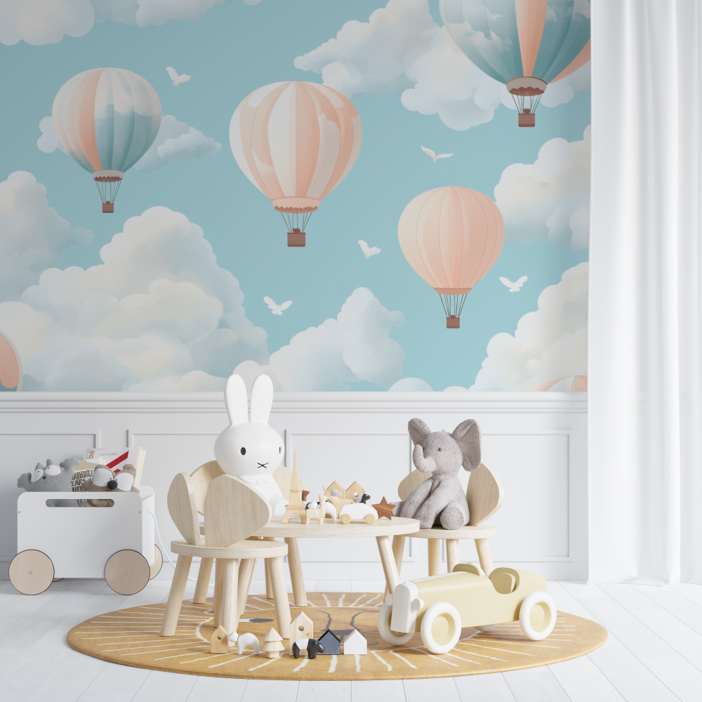 Hot Air Balloon and Butterfly-Shaped Clouds Wallpaper | Murals Wallpaper