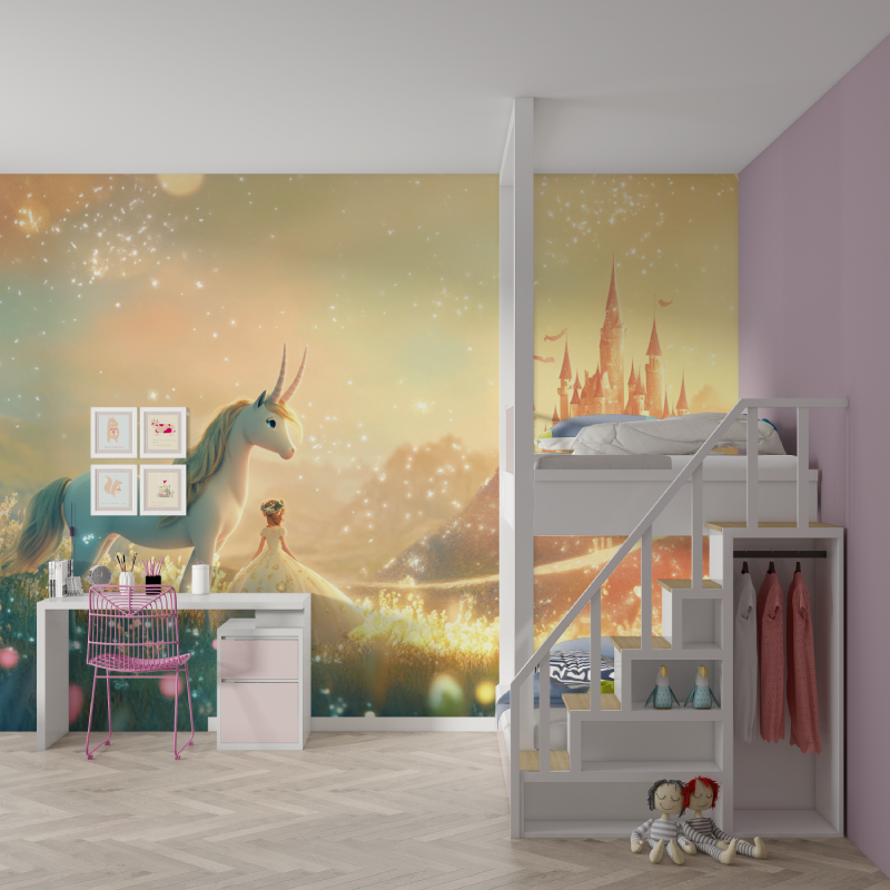 Tapete Schloss Prinzessin und Einhorn für Mädchen