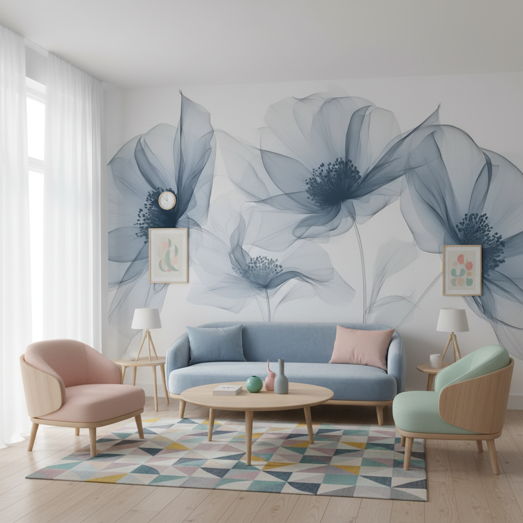 Blue Transparent Floral X-Ray Mural Wallpaper