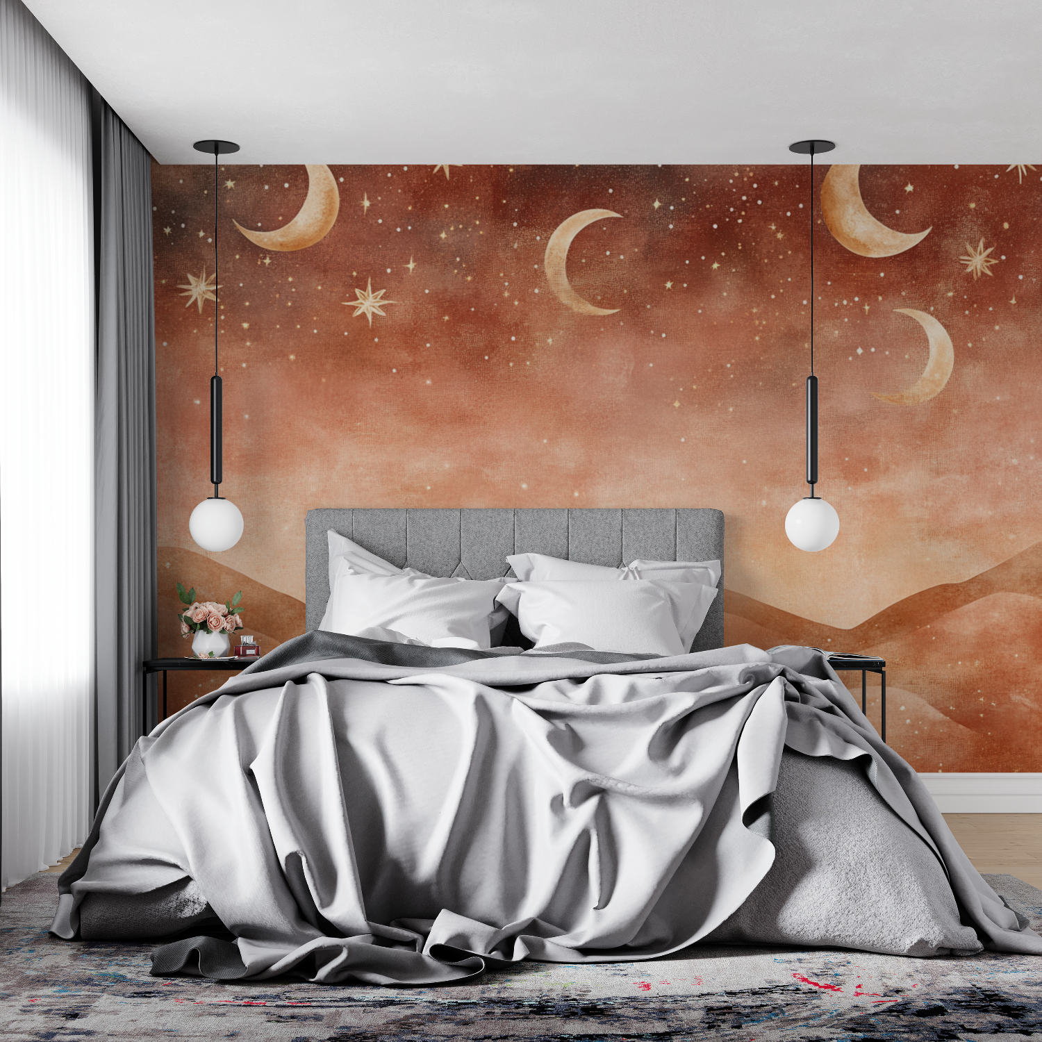 Terracotta Wallpaper with Moons and Stars | Murals Wallpaper
