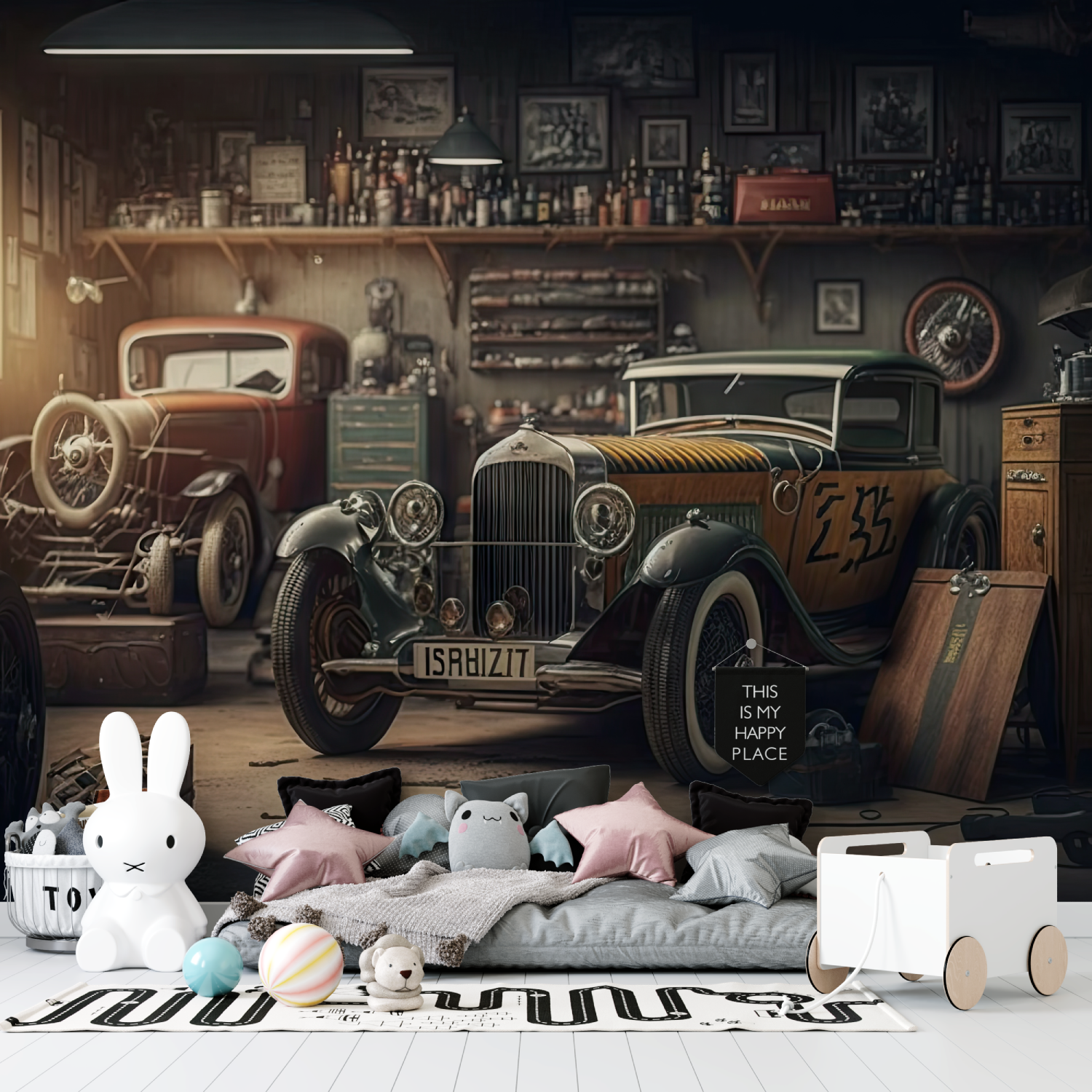 Papier peint panoramique voiture ancienne tapisserie garcon