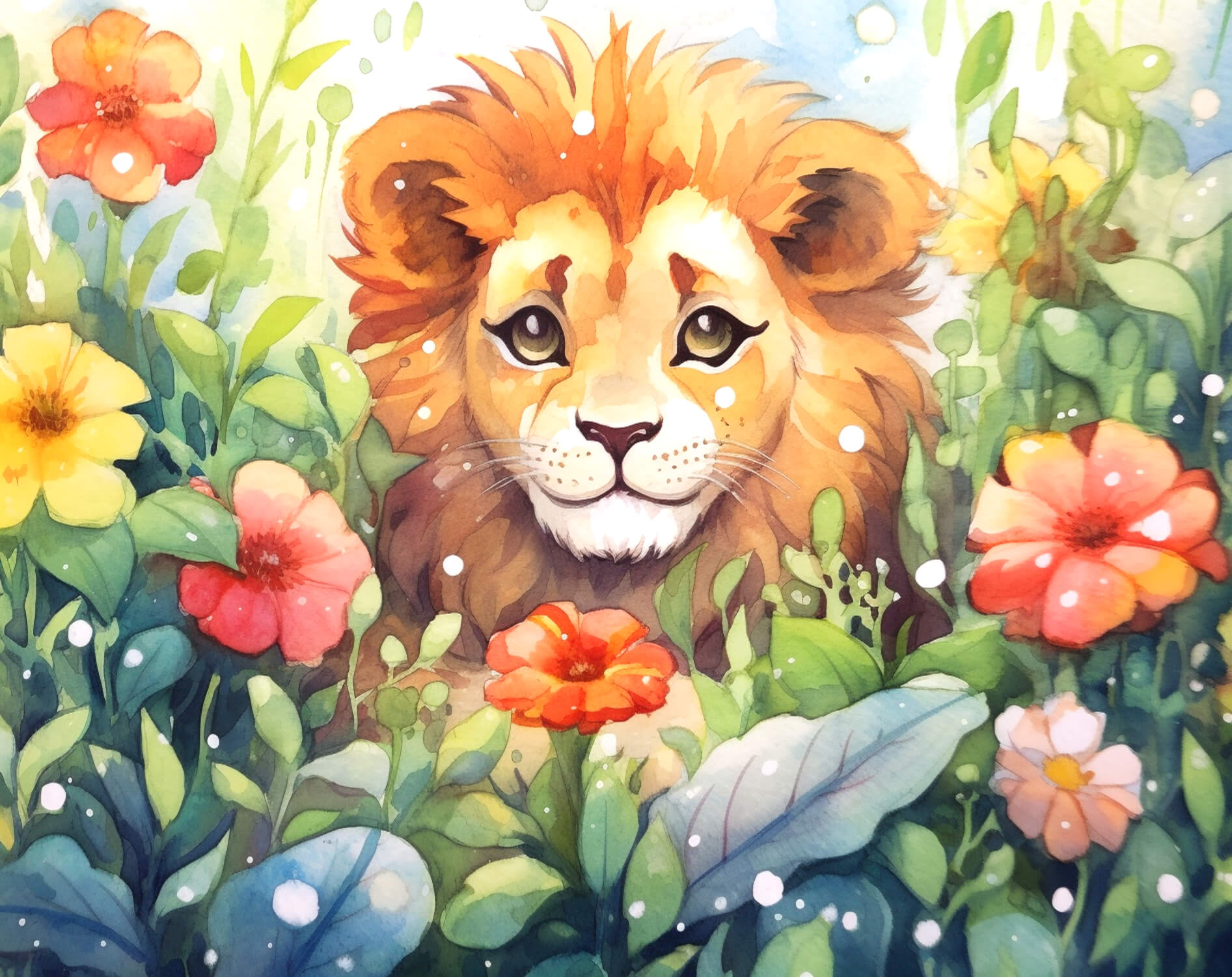 Watercolor Lion and Foliage Wallpaper | Murals Wallpaper