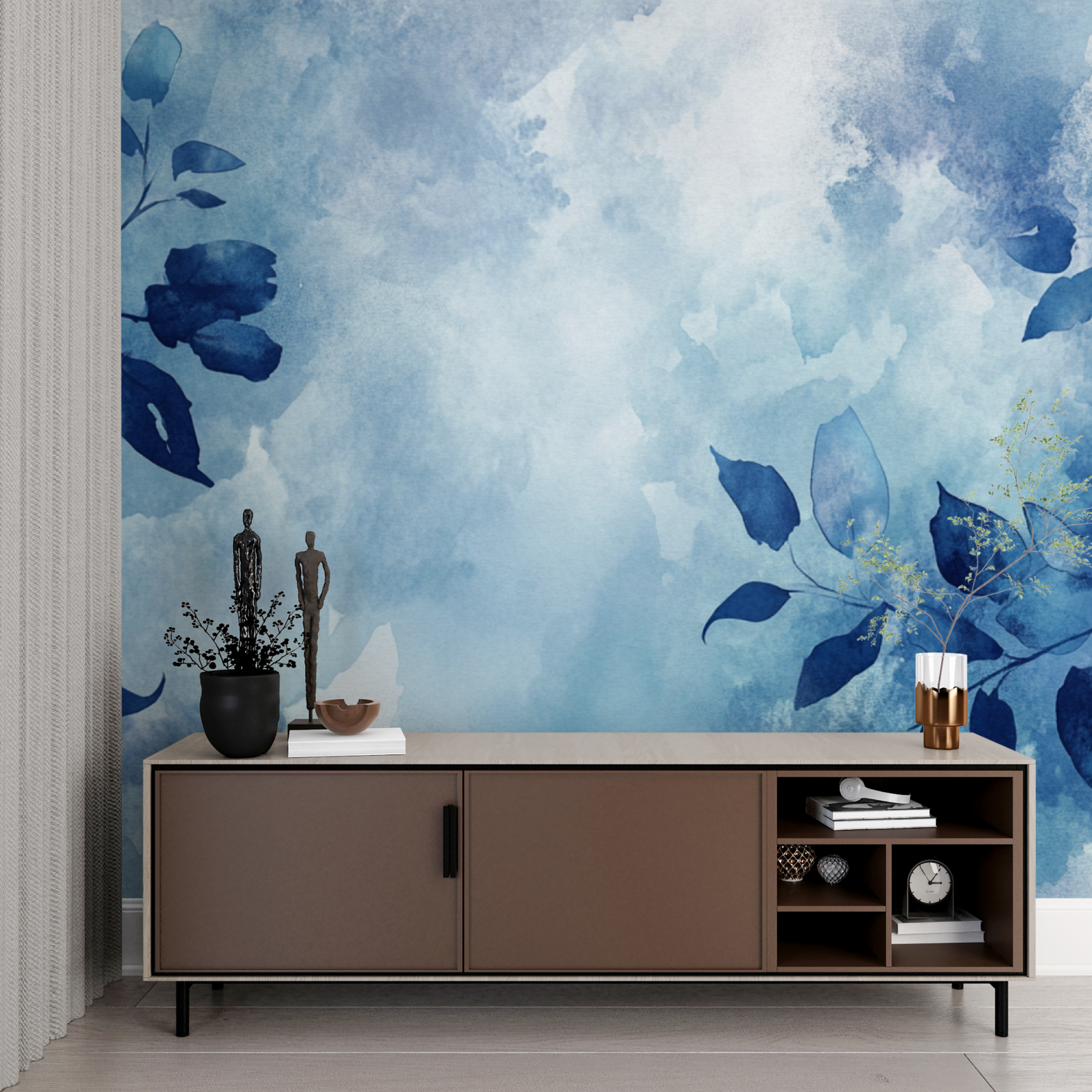 Papel de parede Aquarela Abstract Blue Leaves | Murais Papel de parede