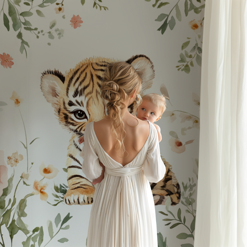 Tiger- und Wildblumen-Tapete | Wandbildtapete