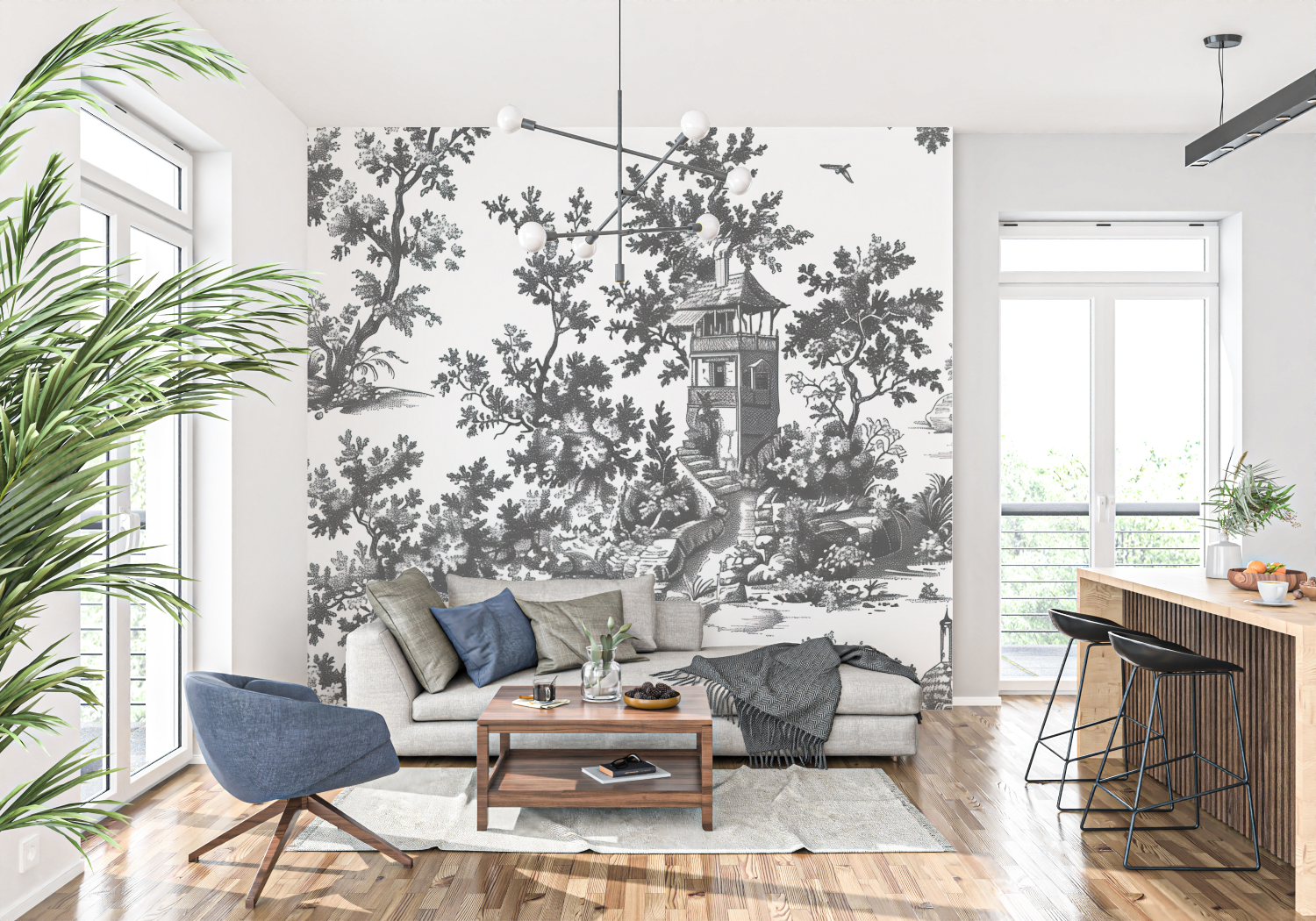 Toile-de-Jouy-Tapete in Schwarz-Weiß | Wandtapete