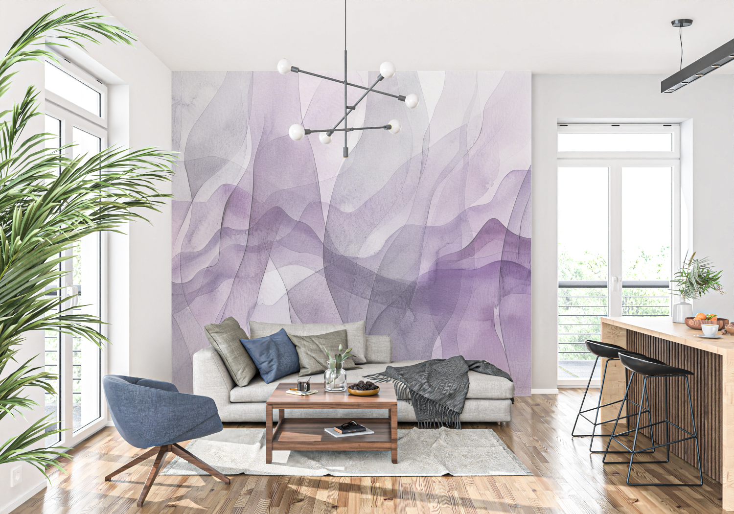 Grau-Violette Tapete - Trompe-l'oeil