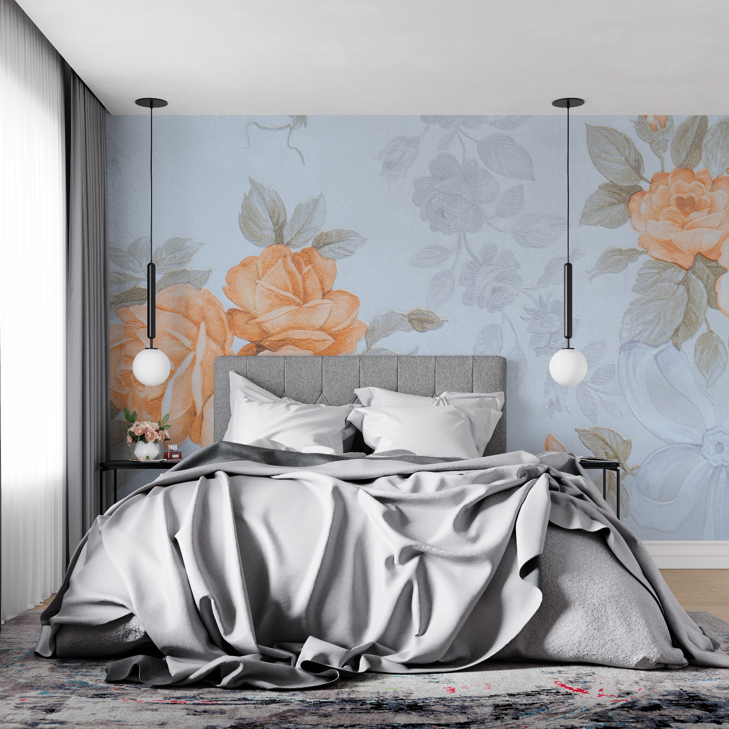 Orange-weiße Blumentapete | Wandtapete