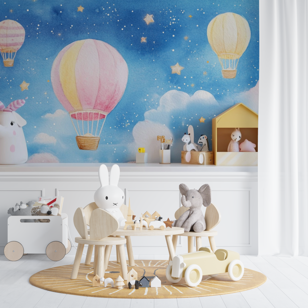 Hot Air Balloon and Twinkling Stars Wallpaper | Murals Wallpaper