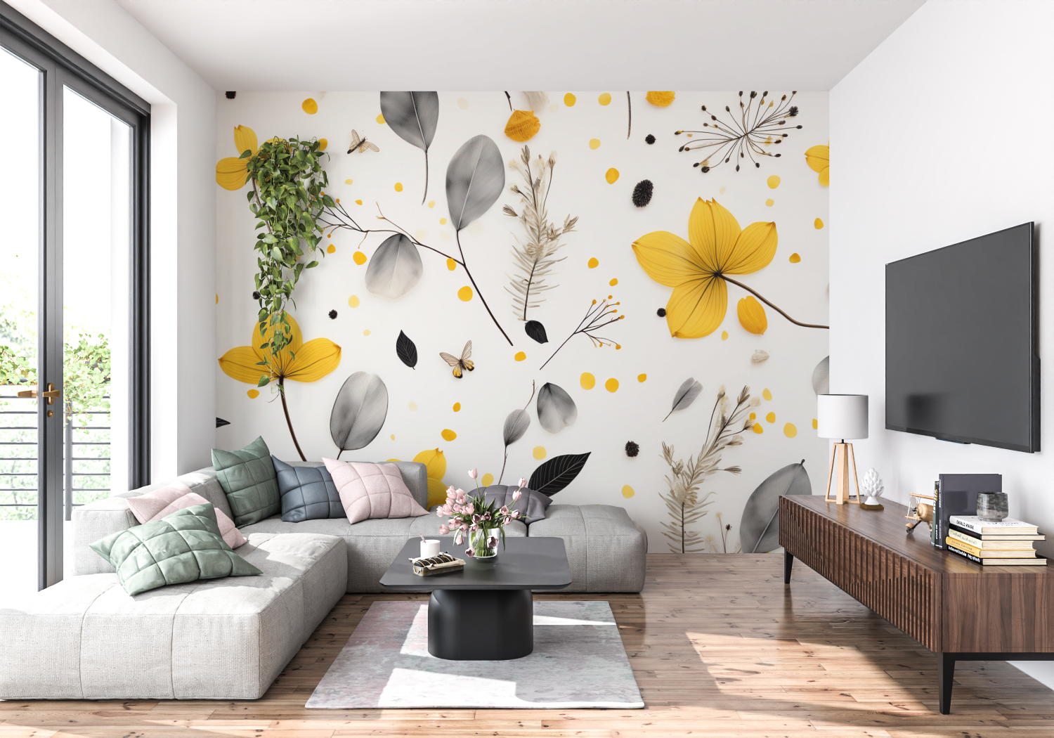 Yellow and Gray Floral Wallpaper | Murals Wallpaper