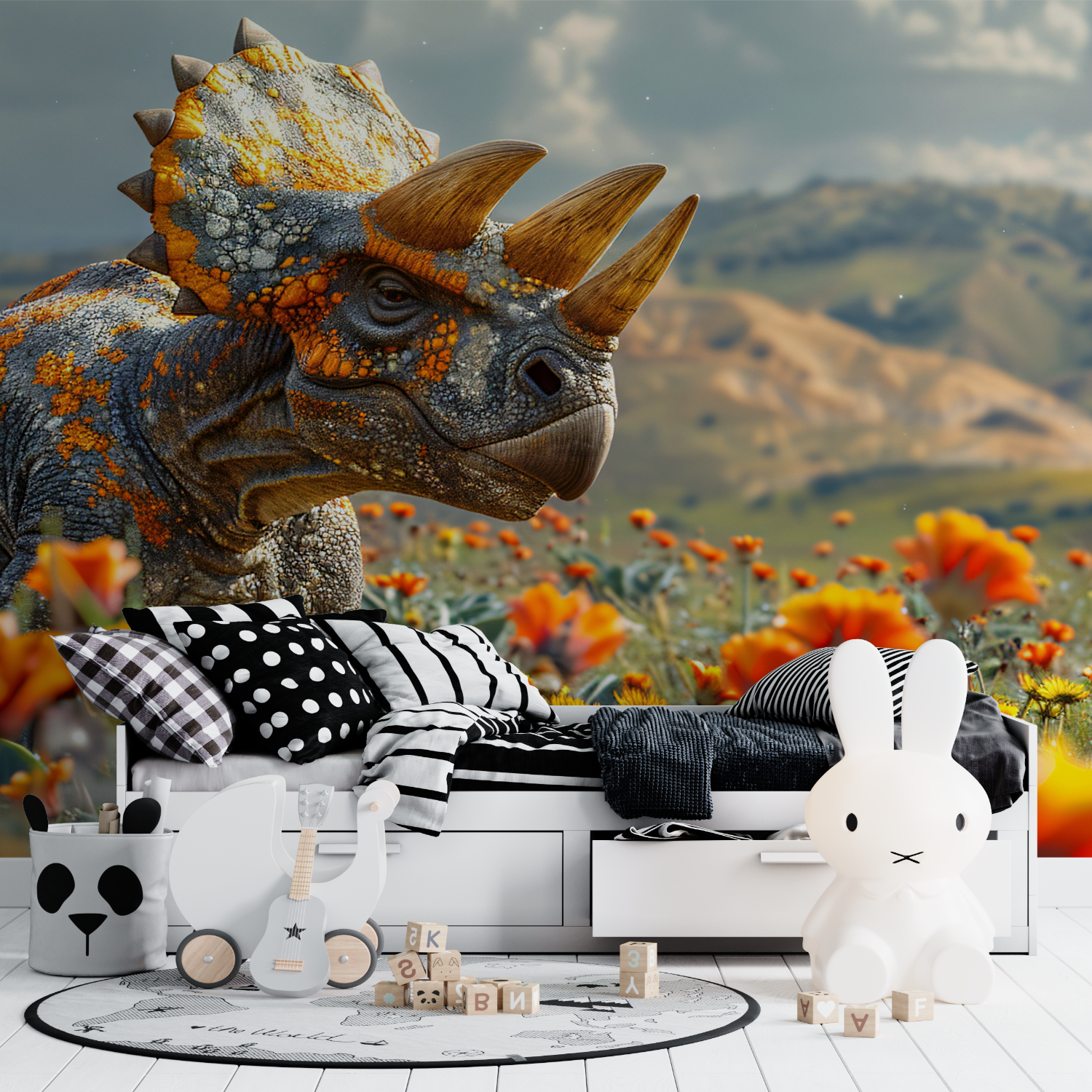 Orangefarbene Dinosaurier-Tapete | Wandbildtapete