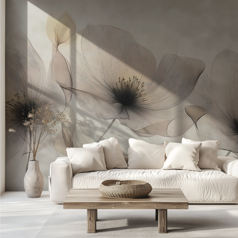 Design flores contornos mural papel de parede canape tendance