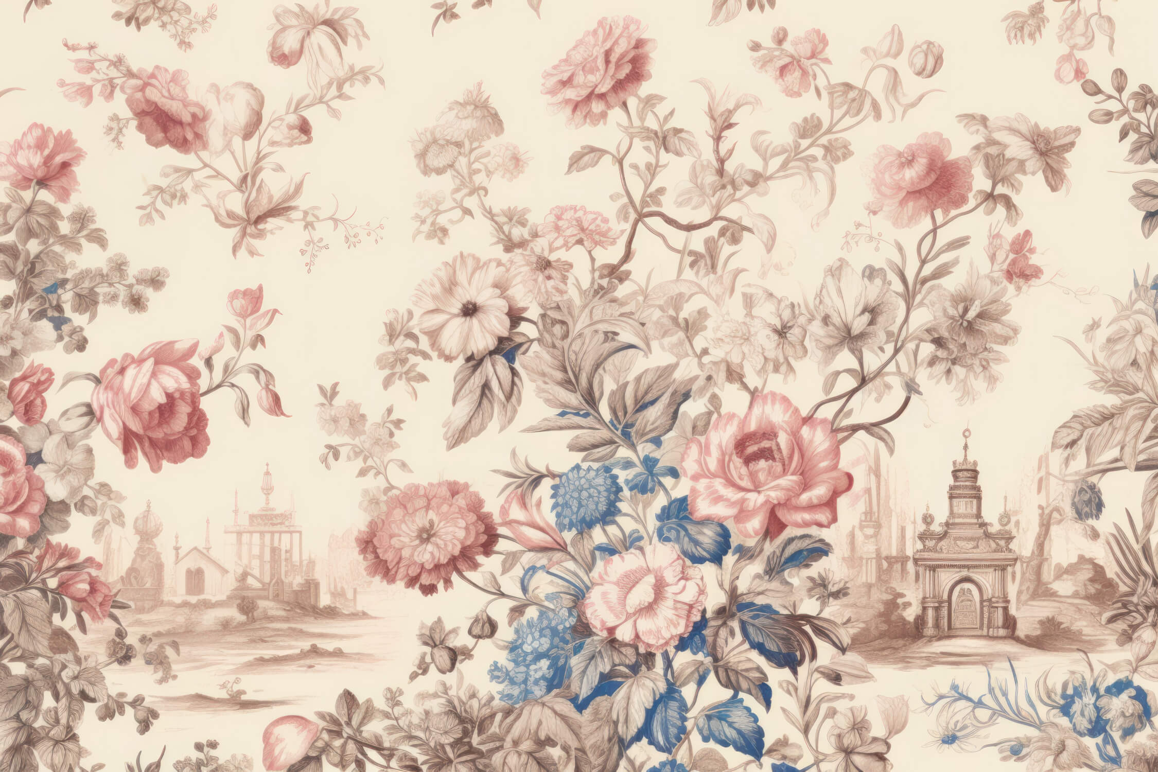 Toile de Jouy Pink Blue Wallpaper | Murals Wallpaper