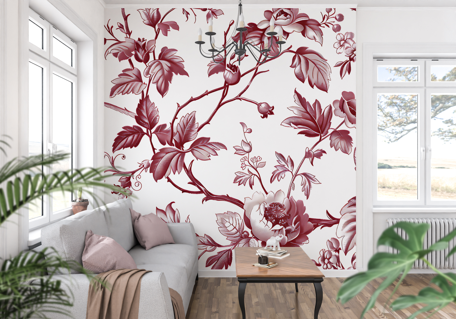 Toile de Jouy Wallpaper Red White | Murals Wallpaper