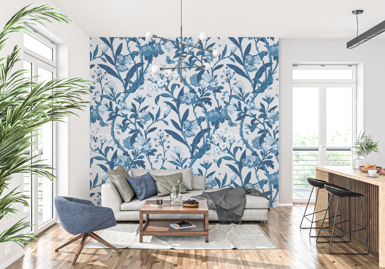 Toile De Jouy Floral Wallpaper Blue | Murals Wallpaper
