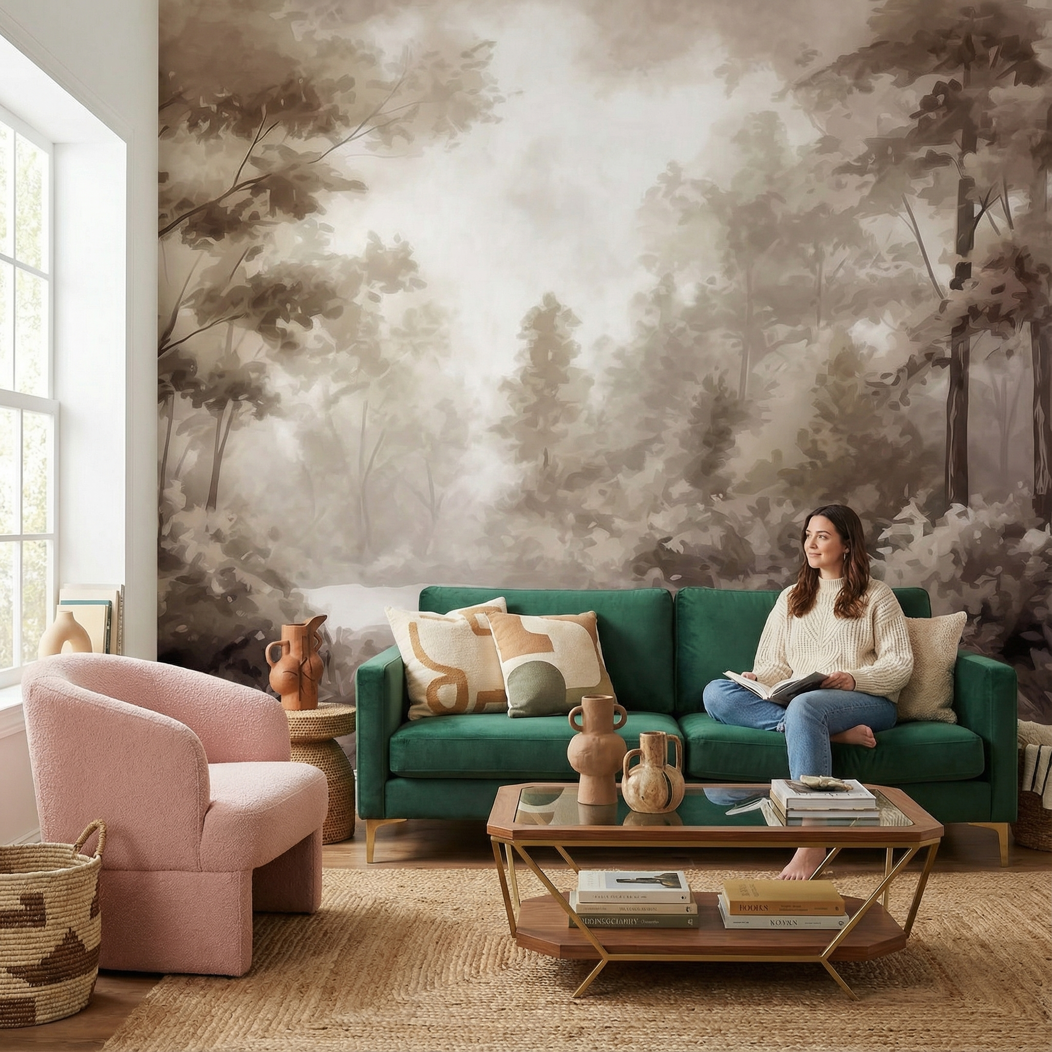 Sepia Misty Forest Illustration Mural Wallpaper