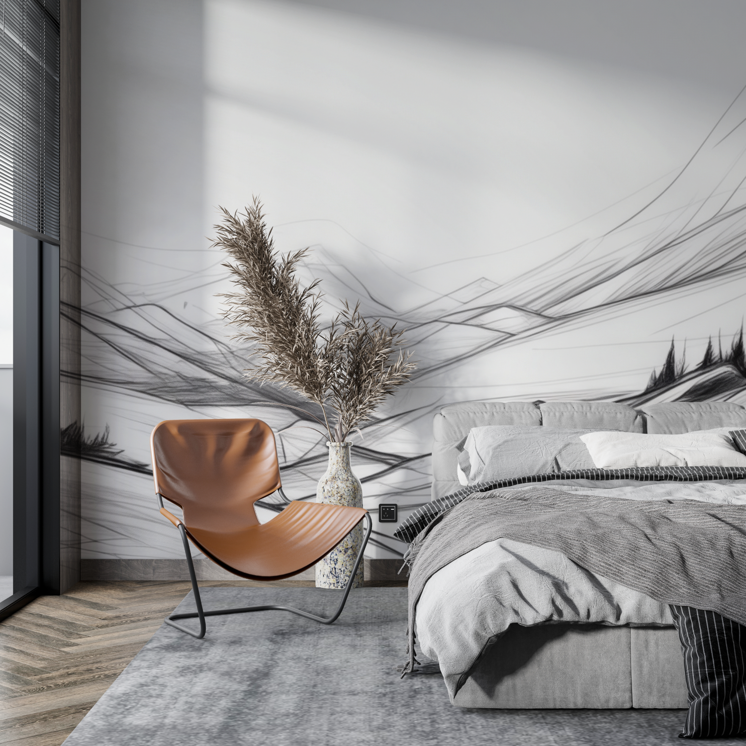 Papier Peint Panoramique Montagne Noir Et Blanc Dessin - Mur-Küche