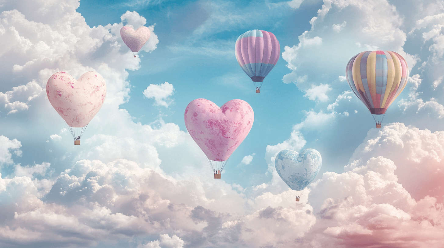 Hot Air Balloon and Heart-Shaped Clouds Wallpaper | Murals Wallpaper