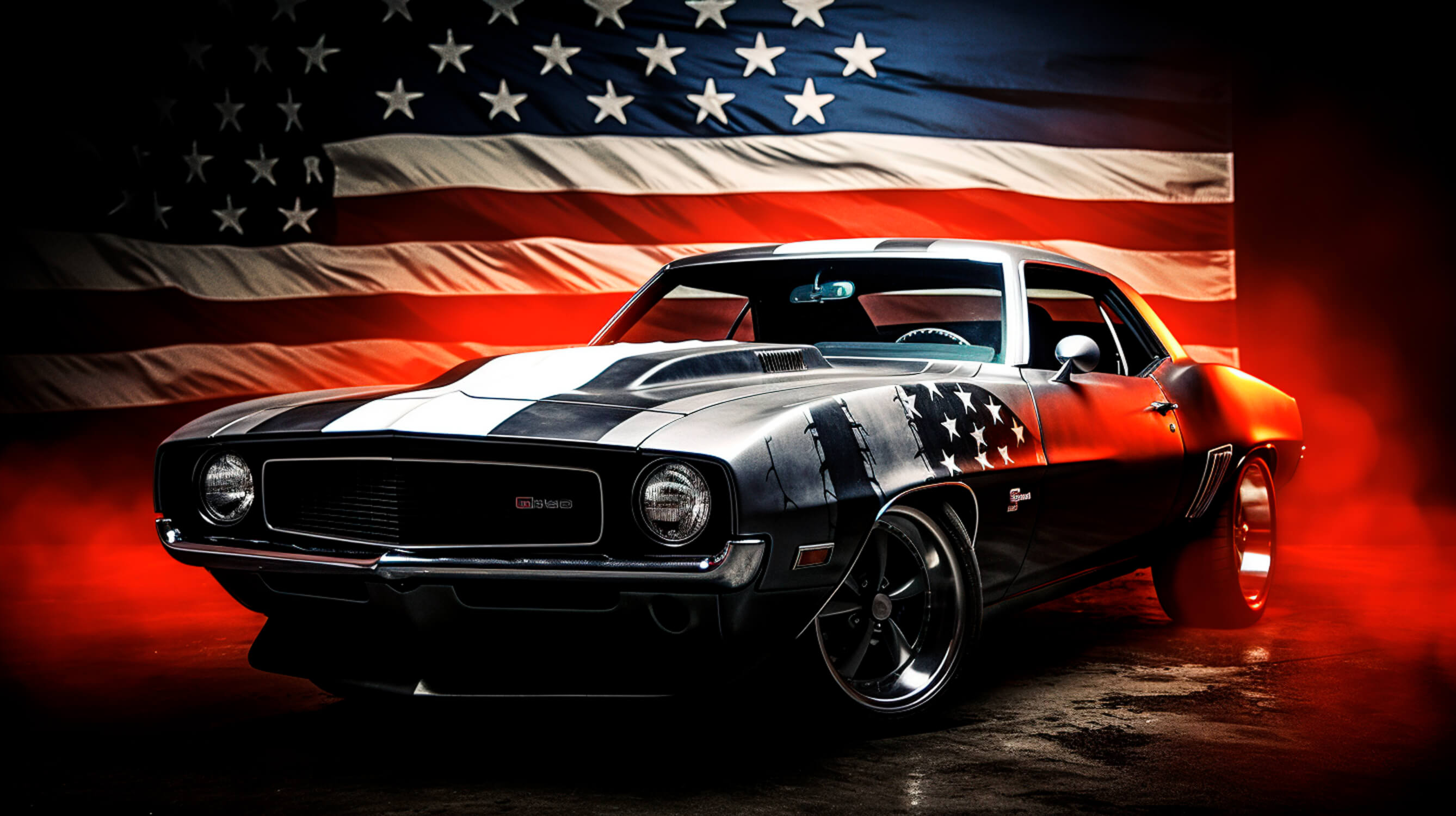 American Car Wallpaper with Flag | Murals Wallpaper