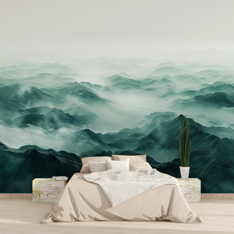Bathroom Wallpaper Mountain Green Illustration | Murals Wallpaper