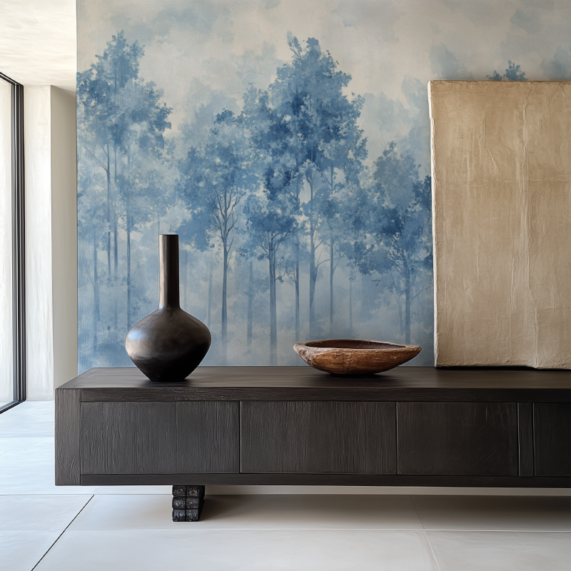 Tapete mit weißem und blauem Baum | Wandtapete