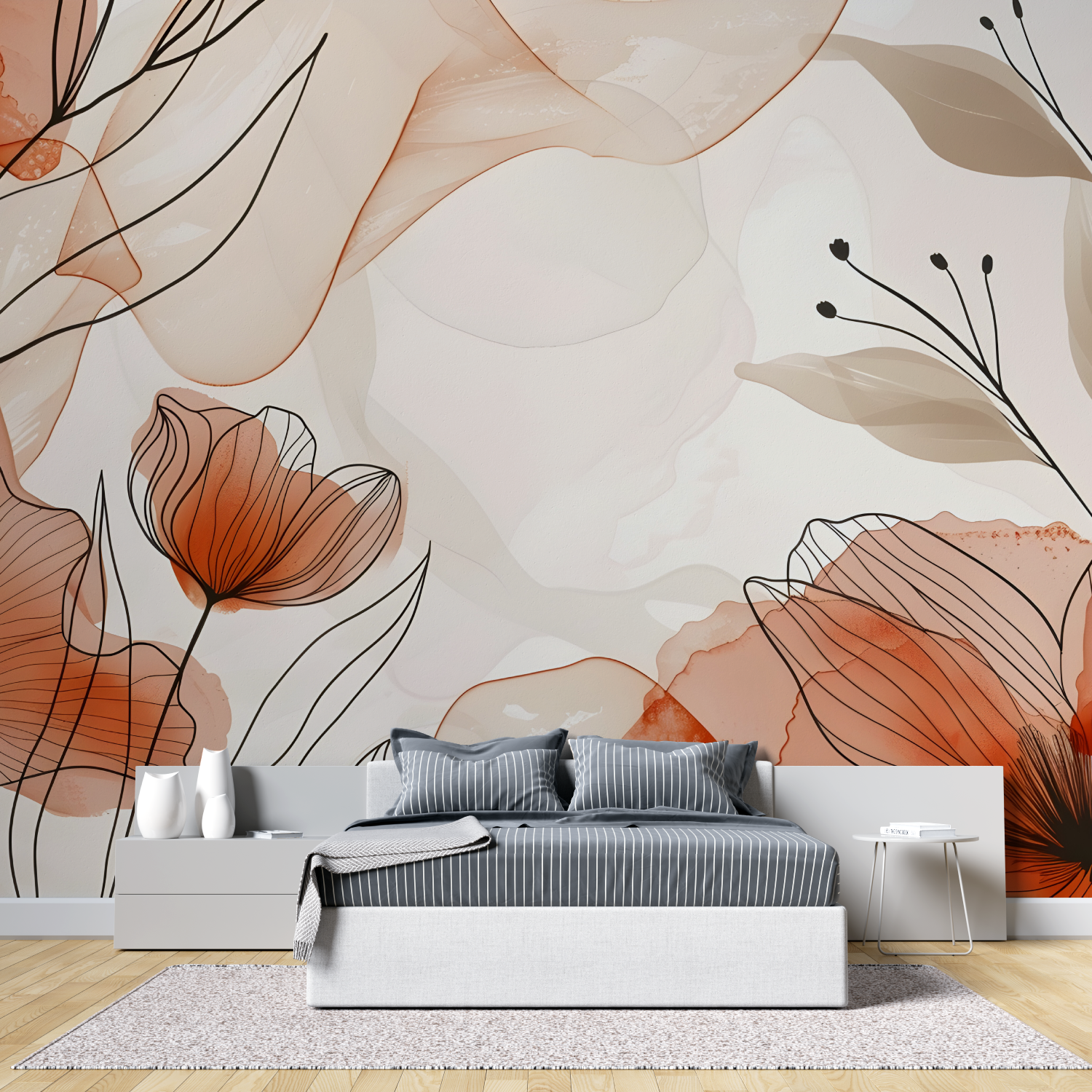 Flower Lines Terracotta Mural Wallpaper